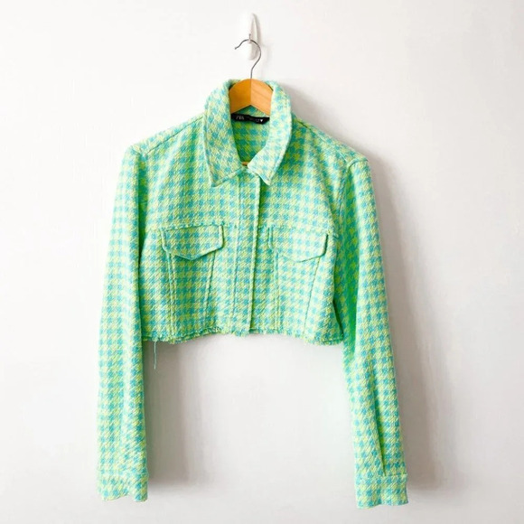 Zara Cropped Gingham Houndstooth Jacket Green Blue Size Large - Picture 6 of 9